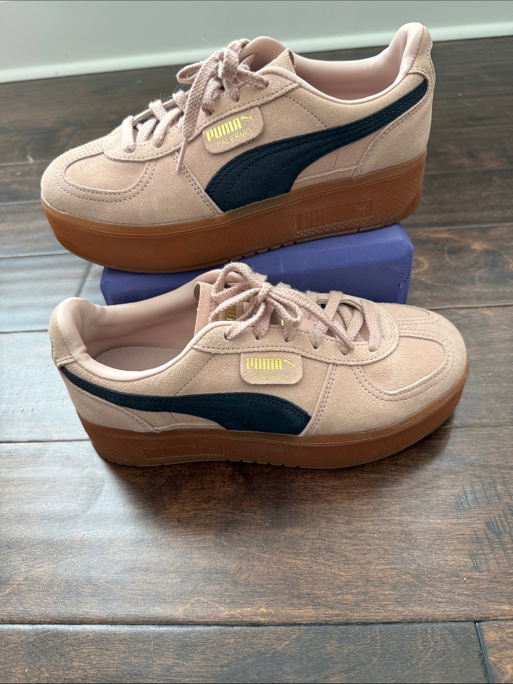 PUMA Palermo Eleveta sneakers in baby pink & navy